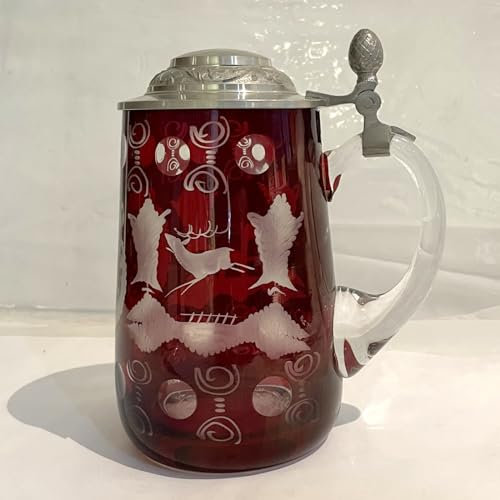Oberstdorfer Glashütte Antik Glass Egermann böhmisches Glas Kristall rubin rot Krug mit Zinndeckel Sammler Glas gebraucht Zustand wie neu Höhe 15,5 cm