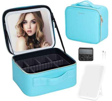 ZhenGuiRu Trousse de maquillage avec 3 couleurs réglables et miroir LED - Séparateurs réglables - Trousse de toilette pour femme, bleu