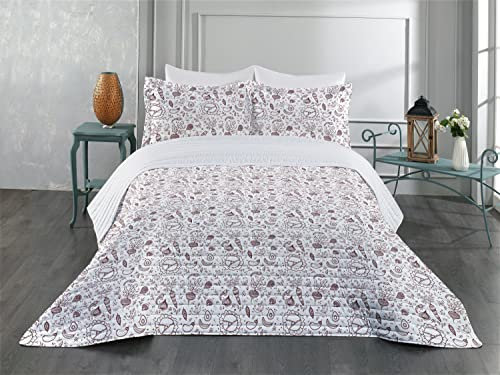 ABAKUHAUS Braun und weiß Mikrofaser-Tagesdecken-Set, Gemüse Essen, Weiches Bettwäscheset mit Kissenbezügen und Bettdecke, 223 x 264 cm, Dunkelbraun und Weiß