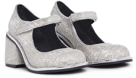 Dolls Kill Desire Me Strass Mary Janes von Sugar Thrillz - Pumps mit funkelnden Strasssteinen, Blockabsatz und Klettverschluss, perfekt für Partys und zum Ausgehen, silber, 43 EU
