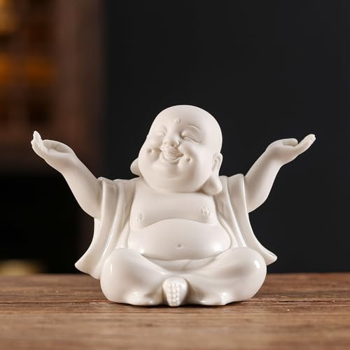 Houlu Kleine weiße lachende Buddha-Statue für Heimdekoration, Keramik, Happy Buddha-Statue für den Innenbereich, für Glück