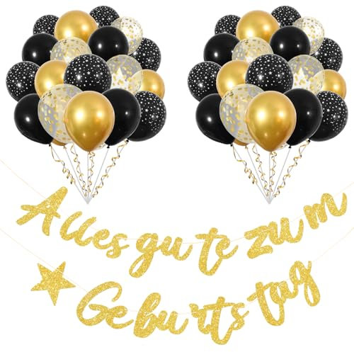 Luftballons Schwarze Gold Geburtstag Deko, Happy Birthday Girlande 24 Stück 12 zoll Geburtstagsdeko Helium Ballons Männer Frauen mit 2 Bändern Alles Gute zum Geburtstag Party Deko