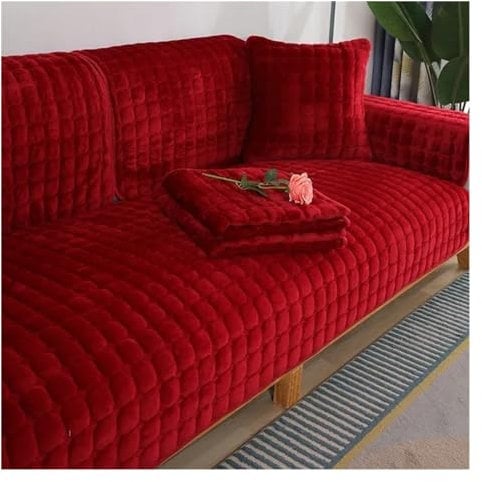 Samt-Sofabezug, universal, kariert, Plüsch, rutschfest, verdickt, Wohnzimmer-Sofabezug, warmes Flanell-Sofakissen, Armlehne, Rückentuch (rot, 90 x 210 cm, 1 Stück)