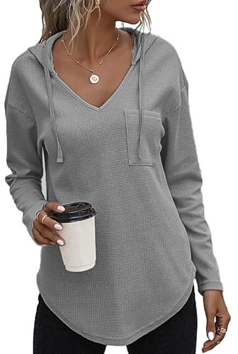 SENBATU Felpa con Cappuccio Donna Manica Lunga Maglione Scollo a V con Cappuccio Maglione con Coulisse e Tasca Grigio Chiaro Large