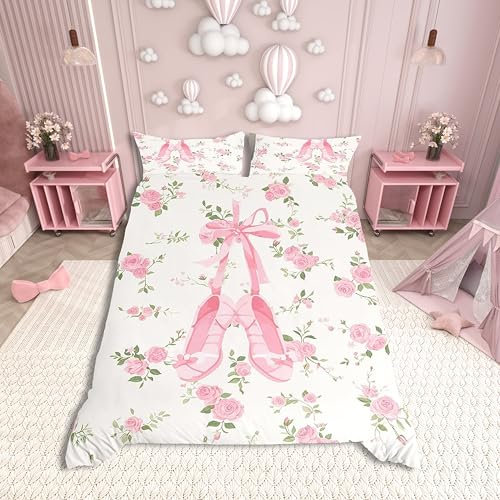 feelingyou Ballet Shoes Duvet Cover Set Double Size,Princess Bowknot Bow-tie Dancing Floral Bedding Set,Girls Boys Teens Room Decor,Romantic Pink Roses Flowers Beige Quilt Cover,No Comforter