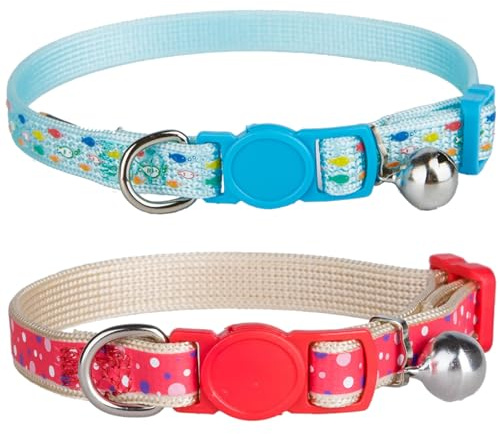 YUDOTE Strong Nylon Cat Collar with Colorful Printed Patterns, Lightweight Kitten Collars with Quick Release Clip and Bell,Adjustable 15-24cm,Blue and Red Pack of 2