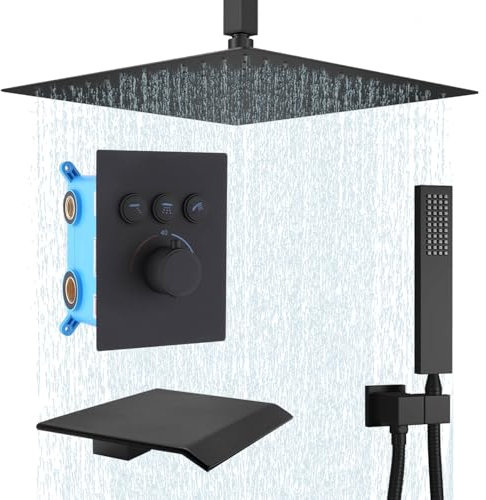 Delnet 3 Way Thermostatic Shower Mixer Set, Concealed Brass 16 Inch Ceiling Mounted Rain Shower System with Big Size Tub Spout, Can Use All Options at A Time, Black