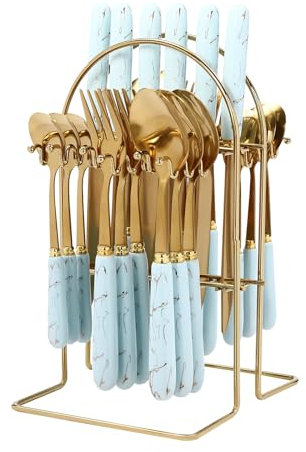 Cutlery Set, 24 Piece Cutlery Set, Cutlery Set with Stand, Knife and Fork Spoons Coffee Spoons Sets, Cutlery Set Service for 6, Hanging Cutlery Set with Stand (Golden, Blue)