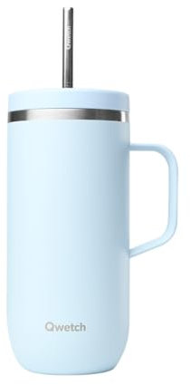 QWETCH - Cold Cup 600ml avec Poignée et Paille - 24h Glacé & 12h Froid - Pastel Bleu - Gourde Isotherme en Inox, Sans BPA, Tasse Thermos Café