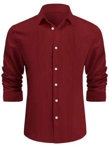 Misfuso Chemise Homme Manches Longues en Couleur Uni Chemise de Business sans Repassage Chemise Homme Décontracté Regular Fit Vin Rouge XL