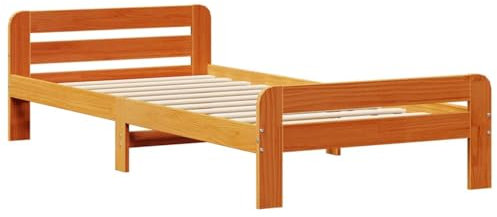 vidaXL Massivholzbett, Holzbett mit Kopfteil Fußteil Lattenrost, Einzelbett für Schlafzimmer, Bett Bettgestell, Wachsbraun 90x200cm Kiefernholz