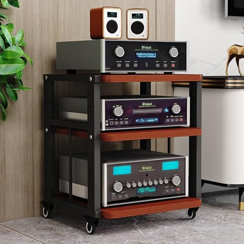 WNYAILLL 3/4-stufiger HiFi Rack mit Rädern, Audio-Video-Medienständer, Audio-Regal, Plattenspieler Tisch mit verstellbaren Ablage, für Wohnzimmer Schlafzimmer Arbeitszimmer(Brown,61cm/24in)