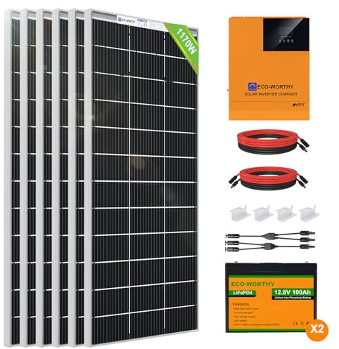 ECO-WORTHY 1200W 24V Solar Power System 4.8kWh/Day with 6pcs 195W Solar Panels,2pcs 100Ah LiFePO4 Battery and 3000W 24V Solar Hybrid Inverter for Home Shed