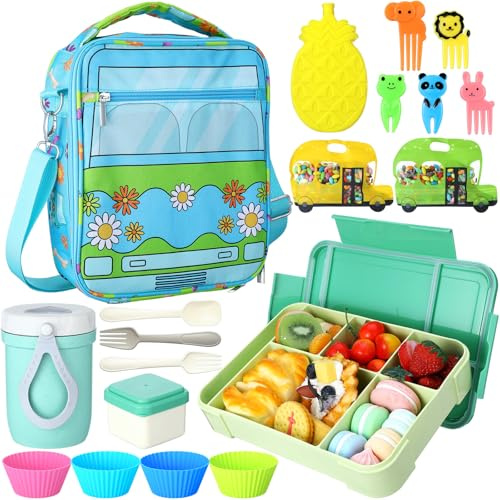 Jingmore Kid Bento Lunch Box Set Back to School Gift Include Bento Box with Fork and Spoon Insulated Bag Water Bottle Ice Pack Sauce Cup Muffin Cup Snack Bag Animal Food Picks for Girl Boy Birthdays