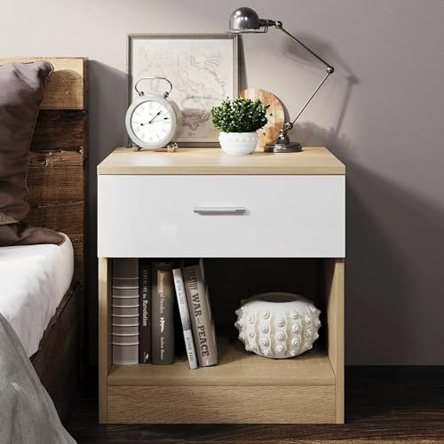 Comfy Living Modern Bedside Table with Drawer and Open Shelf, High Gloss, Bedroom Storage Table (Oak/White)