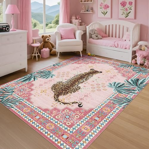Rosa Leoparden-Teppich, waschbar, rosa Geparden-Teppich für Kinderzimmer, 12,7 x 17,8 cm, Tierdruck, Teppich für Wohnzimmer, Schlafzimmer