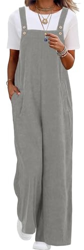 QIXING Womens Corduroy Dungarees Wide Leg Cord Jumpsuit Casual Overalls with Pockets UK