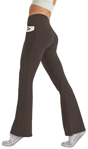 Glacspyg Damen Hose mit Taschen Yogahose Freizeit Jogginghose High Waist Sporthose Elastische Weite Bootcut Jazzpants