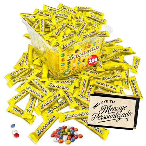 Caja con 200 Packs de 3 Lacasitos · Bolsitas Individuales de Chocolate con Leche · Incluye Tarjeta Personalizable Cia&Co · Ideal para Cumpleaños, Halloween, Fiestas Infantiles y Detalles de Empresa