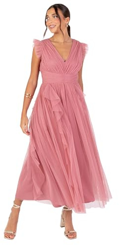 Women's Midaxi Dress Ladies Recycled V-Neck Cap Sleeve A-line Tulle Ruffle Bridesmaid Wedding Guest Prom Evening Gown