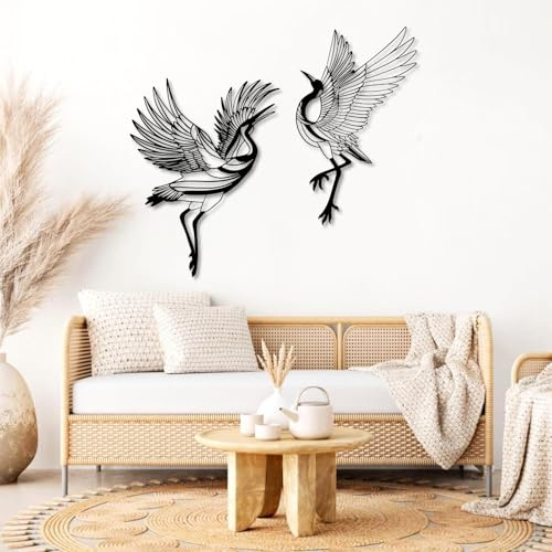 Wanddeko aus Metall, Kraniche, 2er-Set, Kraniche, Vogeldeko, Kranich, Vogel, Schild mit fliegenden Kranichen, Kranich-Vogeldeko, Wohnzimmer (Schwarz, 36 x 48 cm, 29 x 48