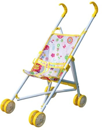 Almencla Puppenwagen Spielzeug Mini Puppenkinderwagen Rollenspiel Puppenzubehör Klappbar Leicht zu Tragen Eisen Stoff für Kinder Geburtstag Party, Gelb