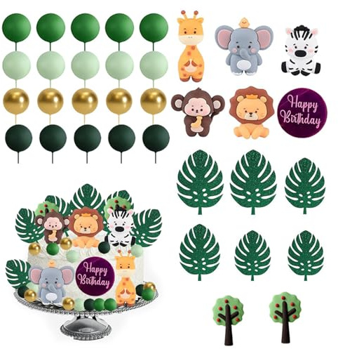Rainway 34 Pièces Décoration Gateau Anniversaire Style Jungle, Décorations Boules et Animaux de Forêt, Topper pour Gâteau D’Anniversaire et Fêtes Thématiques Sur Le Thème de La Jungle