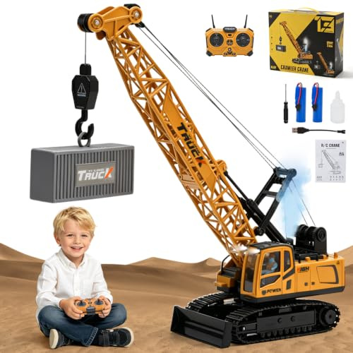 LTFIOON Grande Grue Télécommandée 13 Canaux, 39 cm&2.4GHz, 680° Rotation, Jouet Grue avec Lumières, Son & Pulvérisation–Batterie Rechargeable, Câble USB–Cadeau pour Enfants dès 6 Ans