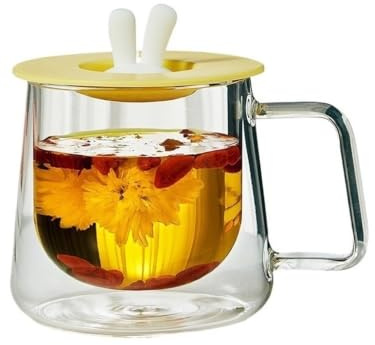 RYUQW3RE Tasses en verre Verres à double paroi avec poignée et couvercle en silicone(Yellow)