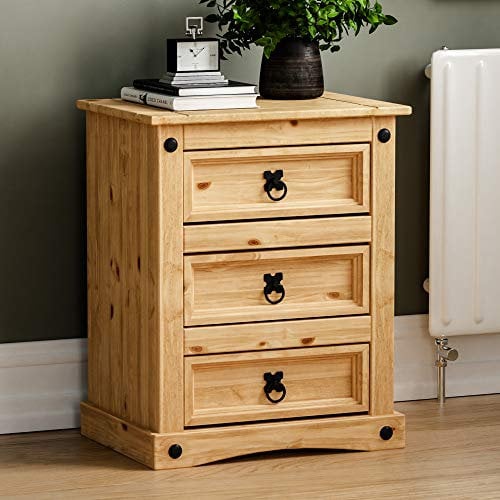 Vida Designs - Corona 3 Schubladen Nachttisch, Kiefer, H 60 x W 48 x D 35 cm, Distressed Waxed Solid Pine Tisch, Holz