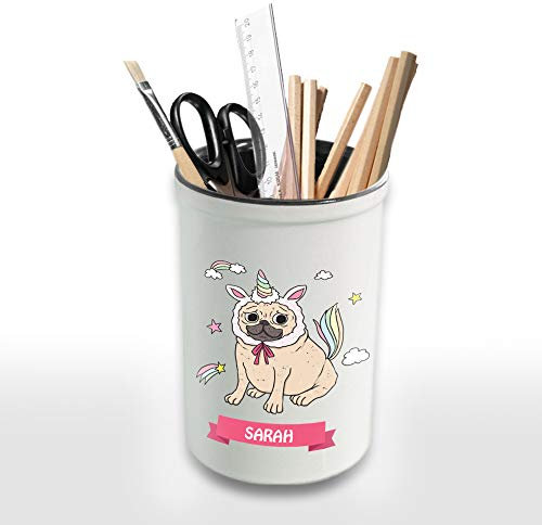 Personalised Ceramic Pencil Pot/Holder Any Custom Name, a Bespoke Made Printed Pencil Pot, Unicorn Pug Design