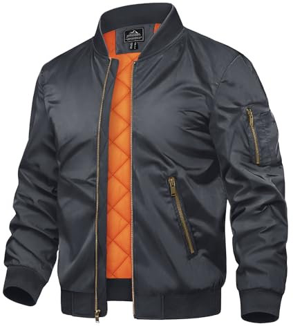 TACVASEN Herren Arbeitsjacke Piloten College Jacket Casual Bomberjacke Übergangs-Herbstjacke mit Zip Taschen (L, Dunkelgrau)