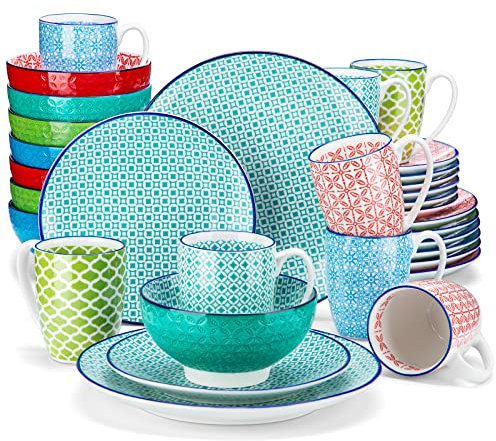 vancasso Macaron Juego de Vajilla de 32 Piezas, Estilo Japoneses, Vajilla Elegantes de Porcelana para 8 Personas con 8 Platos Llanos, 8 Platos de Postre, 8 Cuencos de Cereales y 8 Tazas de Café