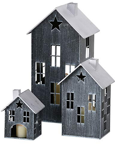 Metall Laterne im 3er Set 36/23 / 14 cm - schwarz - Deko Windlicht in Haus Form mit Stern - Kerzenhalter Lampion Häuser für Innen und Außen