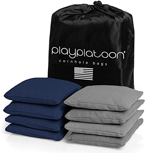 Play Platoon Wetterfeste Cornhole Bags – Set mit 8 regulären Größen – Marineblau & Grau – strapazierfähiges Entengewebe für Wurfspiel, inklusive Tragetasche