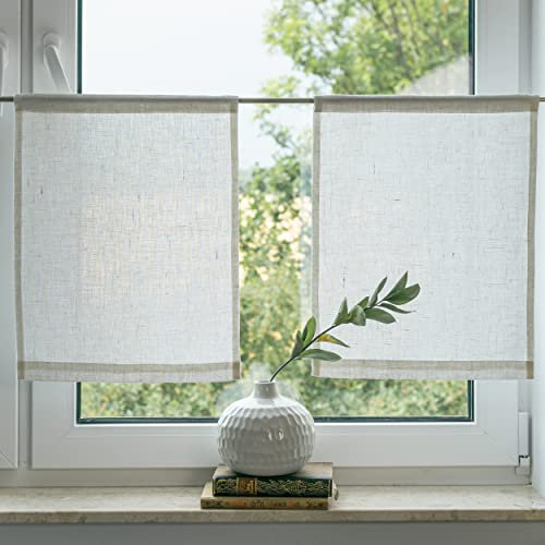 Varvara Home Scheibengardine Leinen | Küchengardine Bistrogardinen Kurzgardine Leinen | Scheibengardinen Blickdicht Landhausstil Boho Vintage Badezimmer Weiss 60(H) x45(B) cm (1x Stück)