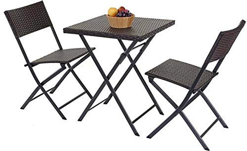 BAKAJI Set Tavolo Tavolino Pieghevole 62 x 62 cm + 2 Sedie Pieghevoli Arredo Esterno Giardino Terrazzo Struttura in Acciaio Inox e Sedute in Polyrattan (Grigio)