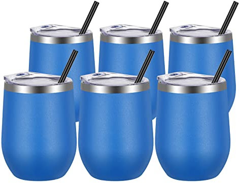 VEGOND Wine Tumblers Bulk 6 Pack, 12oz Stainless Steel Stemless Wine Glass with Lids and Straws, Double Wall Vacuum Insulated Tumbler Cup, Coffee Mug for Cold Hot Drinks