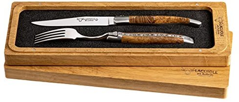 Laguiole en Aubrac Besteck Set Teak, 1x Steakmesser, 1x Steakgabel, Original aus Frankreich, inkl. Echtheitszertifikat und schöner Aufbewahrungsbox aus Eichenholz
