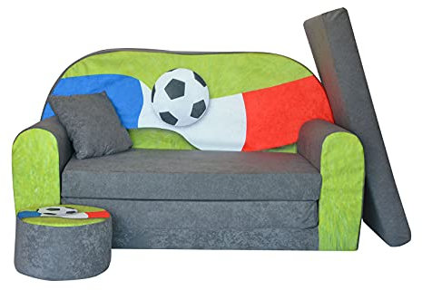 FORTISLINE - Kindersofa ausklappbar 100x60x50 cm - Kindersofa für Kinder 2in1 - Kindercouch ausklappbar - 2-Sitzer - Schlafcouch aus Schaumstoff + Hocker + Kissen - Viele Motive