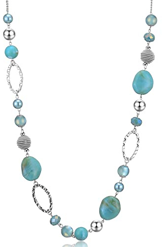 BULINLIN Collares largos de plata con cuentas para mujer, collar de cadena de suéter hecho a mano con cuentas de cristal para regalos de joyería de moda, Large, Resina Perla Cristal, Turquesa