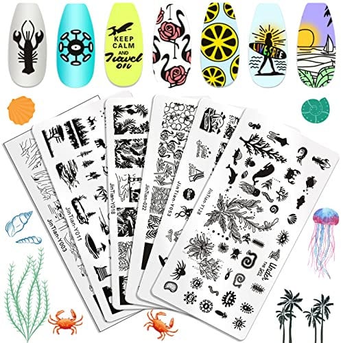 NICENEEDED Ocean Nail Art Stamping Plates, 6Pcs Animal Nail Stamp Templates for Nail Art Equipment, Landscape Design Nail Plate for DIY Nail Decor Nail Art Tools