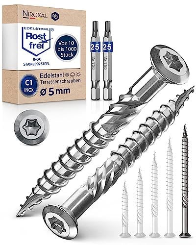 500 viti per terrazze, lunghezza 5 x 80 mm, perfette per assi da 35 mm, in acciaio inox C1 temprato, Torx 25 con 2 punte, viti per legno con testa piatta svasata, filettatura parziale