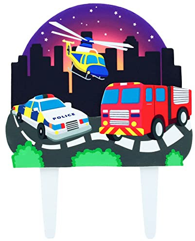 Culpitt To the Rescue Emergency Vehicles Cake Topper, 2 Layer Gumpaste Decoration, Food Safe, Police Car, Fire Engine, Helicopter - 135 x 175mm, 21378, Multicolour