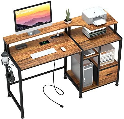 GreenForest Computer Desk with Power Outlets, 55 inch Work Desk with Storage Shelves and Printer Shelf, Home Office Desk with Monitor Stand, Writing Study Desk with Drawers for Home, Walnut