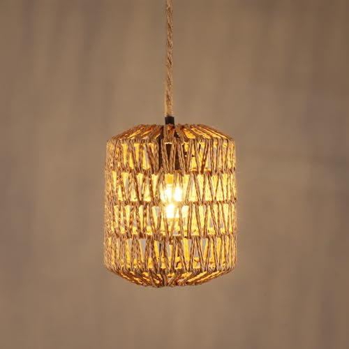 Goeco Pendelleuchte Vintage, Hängelampe Deckenleuchte mit Rattan Lampenschirm, E27 Lampenfassung, Rustikal Deckenlampe Kronleuchter für Schlafzimmer Wohnzimmer Esszimmer, Glühbirnen nicht inbegriffen