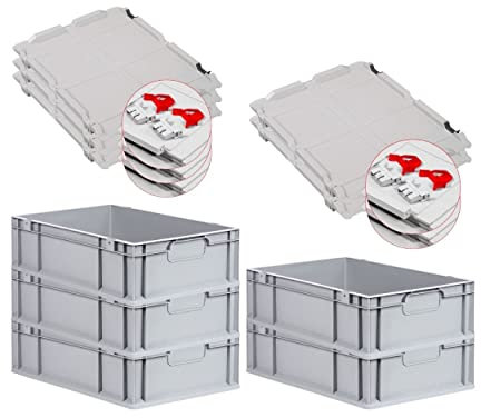 PROREGAL SuperSparSet 5x Eurobox NextGen Economy mit Scharnierdeckel & roten Verschlüssen | Griffe geschlossen | HxBxT 17x40x60cm | 34 Liter | Eurobehälter Transportbox Transportbehälter