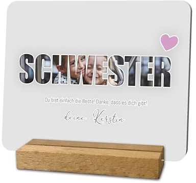 codiarts. Foto Geschenk Acryl Glas Bild personalisierbar mit eigenem Foto und Text, DIN A4 oder A5, optional mit Sockel als Fotogeschenk personalisiert für Sie und Ihn (011 SCHWESTER)