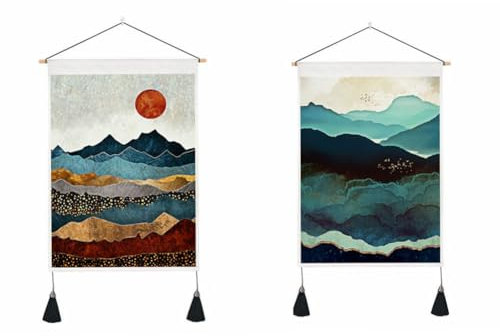 shouzhigo Tarot-Karten-Wandteppich mit Quasten, Berg-Wandteppich, Wandkunst, Sonne, Naturlandschaft, Heimdekoration, 35,6 cm B x 50,8 cm L (E), 2 Stück