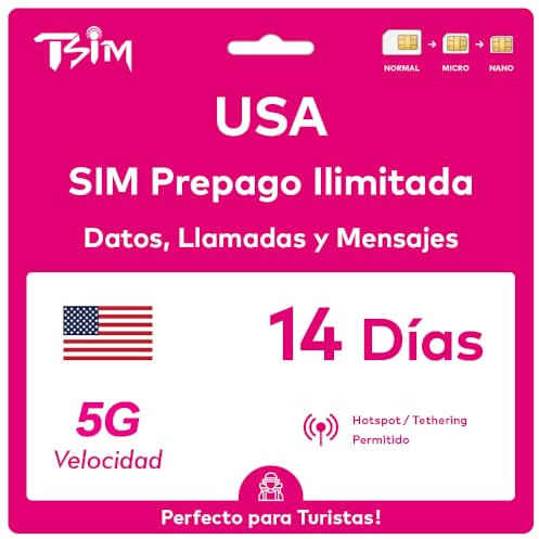 Carte SIM USA 14 Jours. Réseau T-Mobile avec données illimitées à Haute Vitesse en 5G/4G/LTE | Appels et SMS locaux illimités aux USA (Hawaï Inclus). Carte SIM 5G !